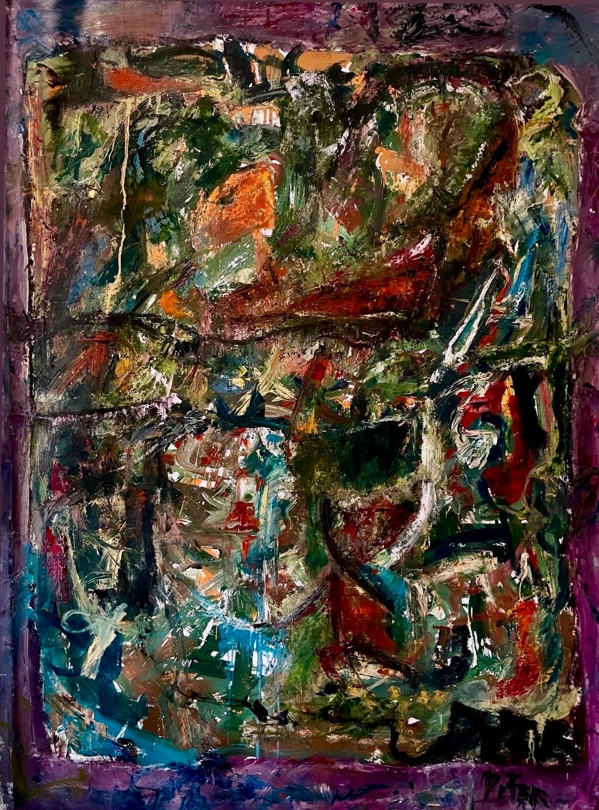 Abstract painting with vibrant, textured brushstrokes.