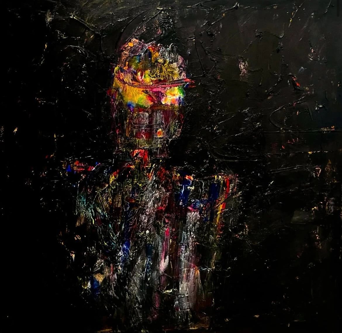 Abstract figure in vibrant colors on dark background.