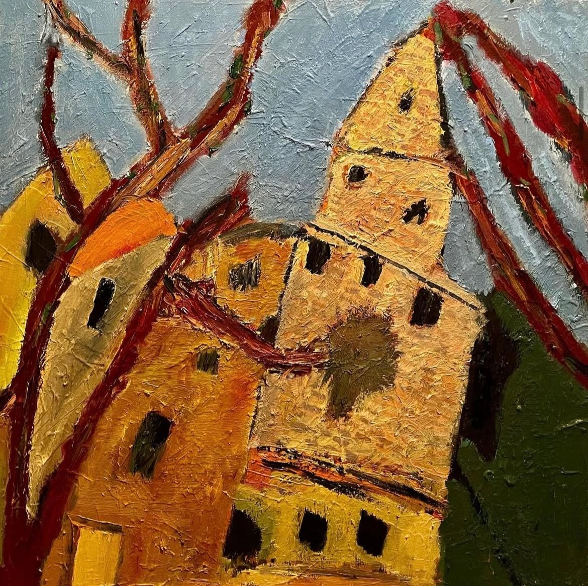 Abstract painting of buildings with red branches.