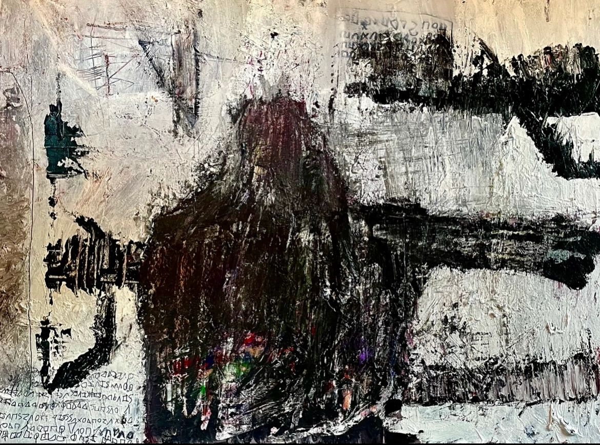 Abstract painting with dark and textured brushstrokes.