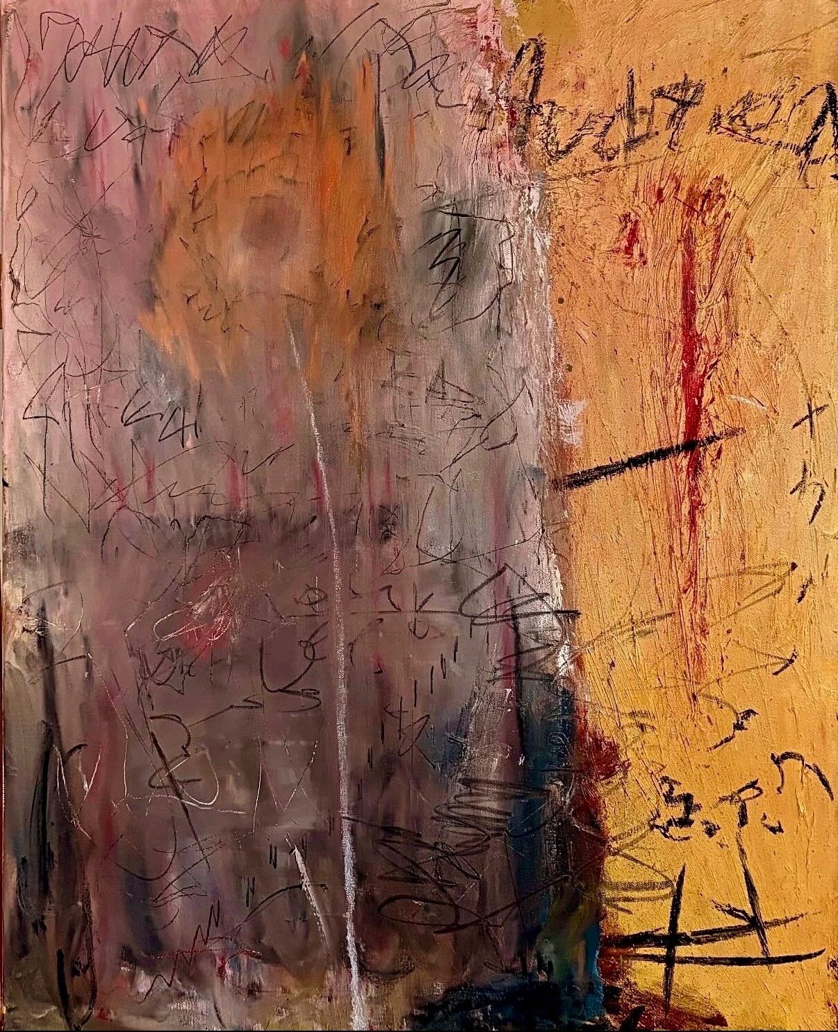Abstract painting with scribbles and textured colors.