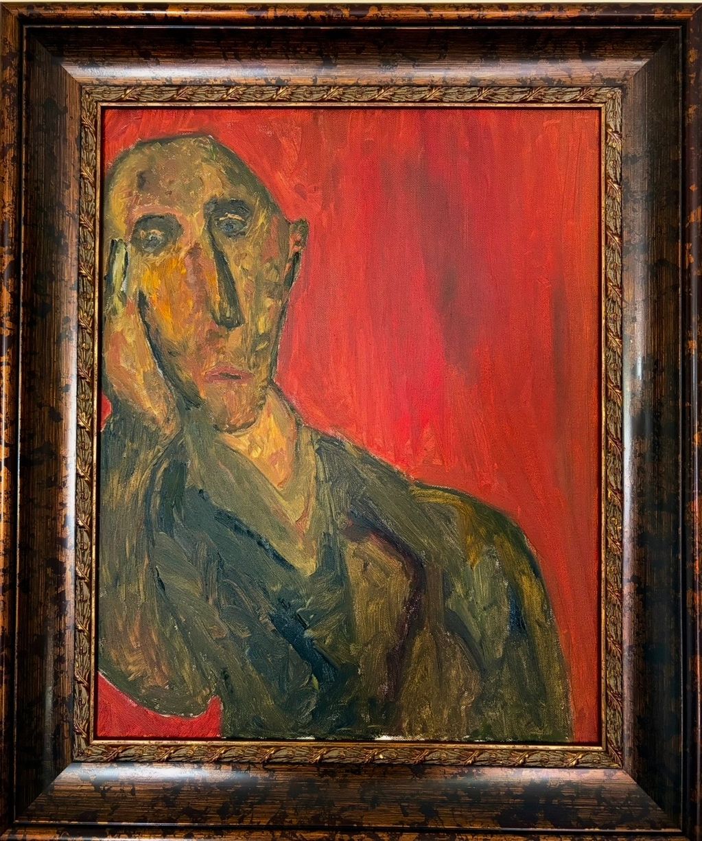 Abstract portrait of a pensive figure against a red background.