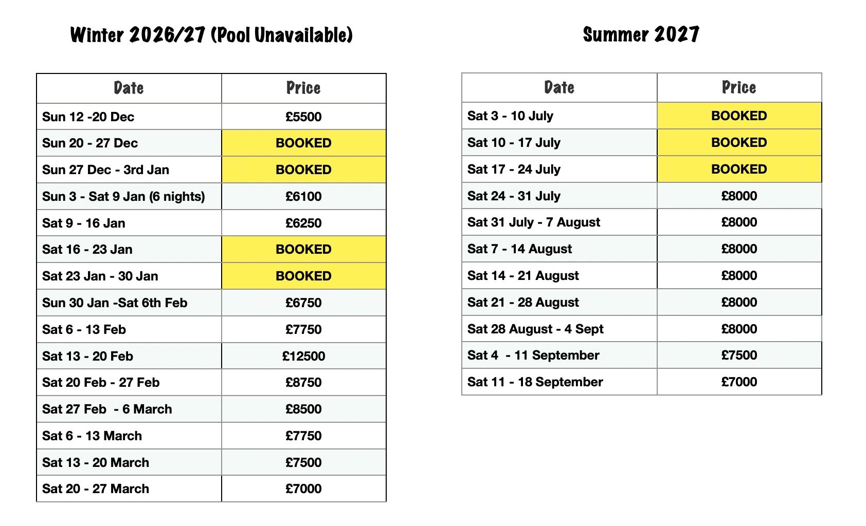 Price list for Winter 2026/27 and Summer 2027 with some dates booked.