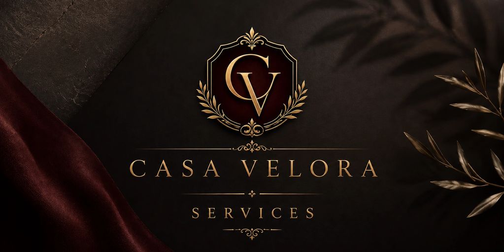 Elegant gold and black logo for Casa Velora Services with decorative elements.