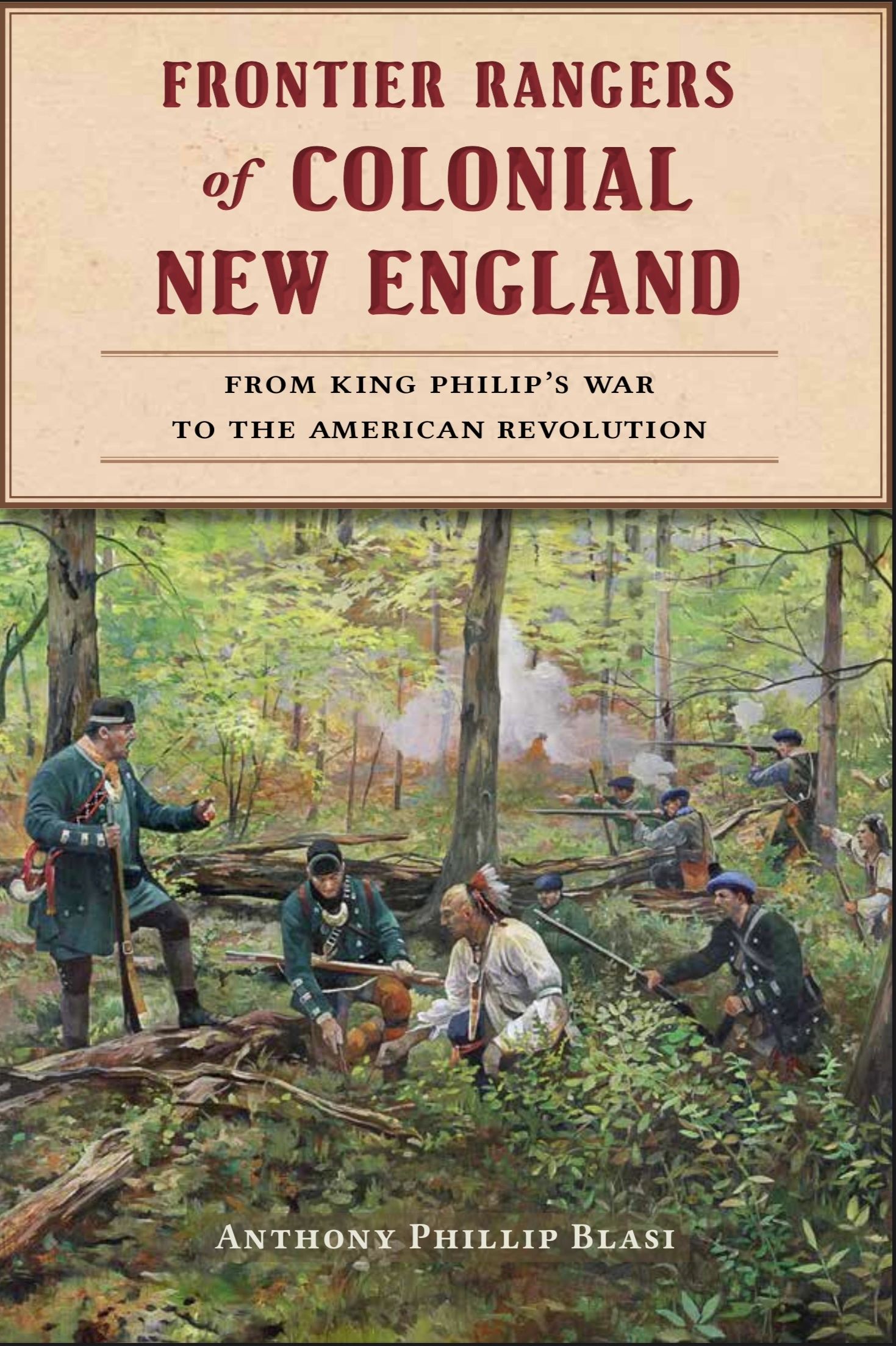 Frontier Rangers of Colonial New England book cover with historical battle scene.