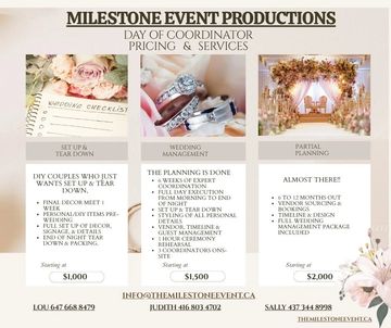 Event coordination pricing and services for weddings by Milestone Event Productions.