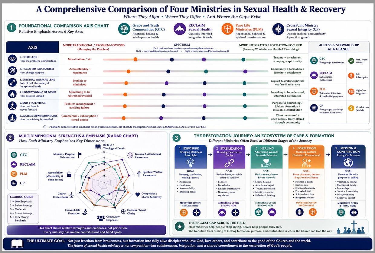 Comparison chart of four ministries in sexual health showing their focus, strengths, and restoration journey stages.