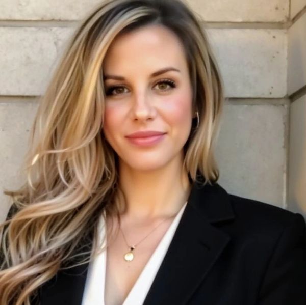 Confident woman with long blonde hair wearing a black blazer and gold necklace.