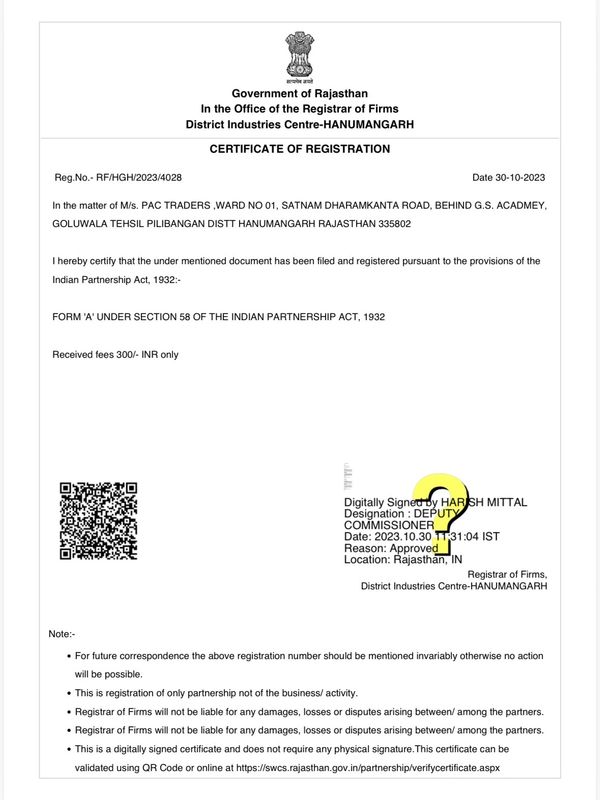 Certificate of registrar