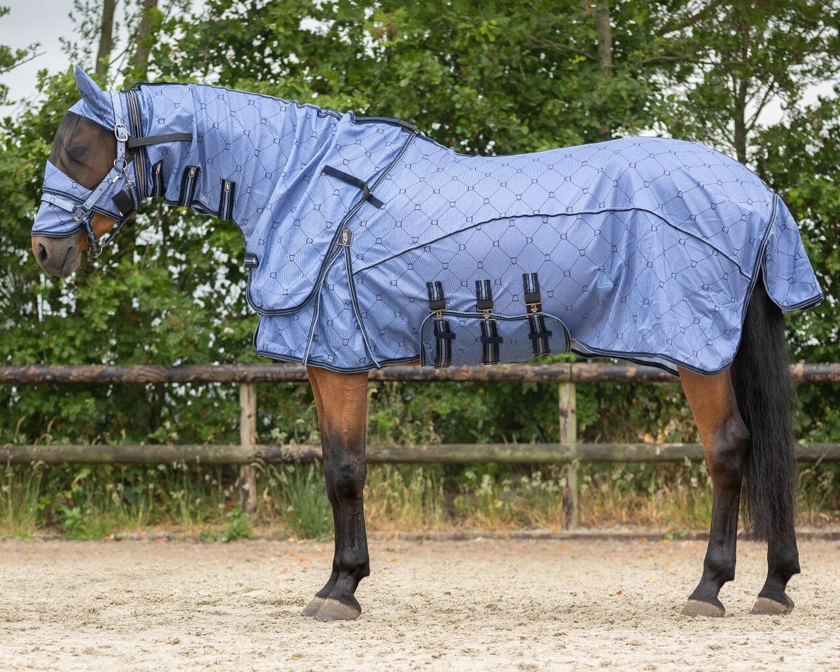 QHP Anti-fly rug with neck and fly mask Blue 125cm - 215cm (4'3" - 7'1") - Picture 7 of 16