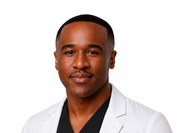 Confident male doctor in a white coat with a calm expression.