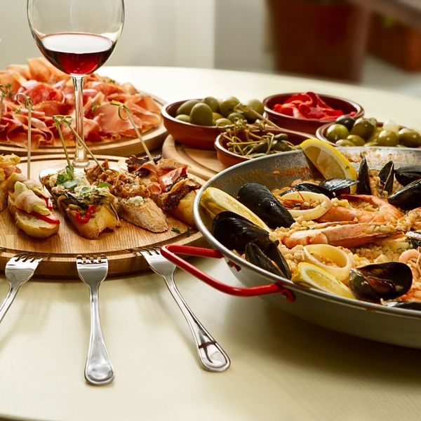 Spanish food with tapas, paelia and wine
