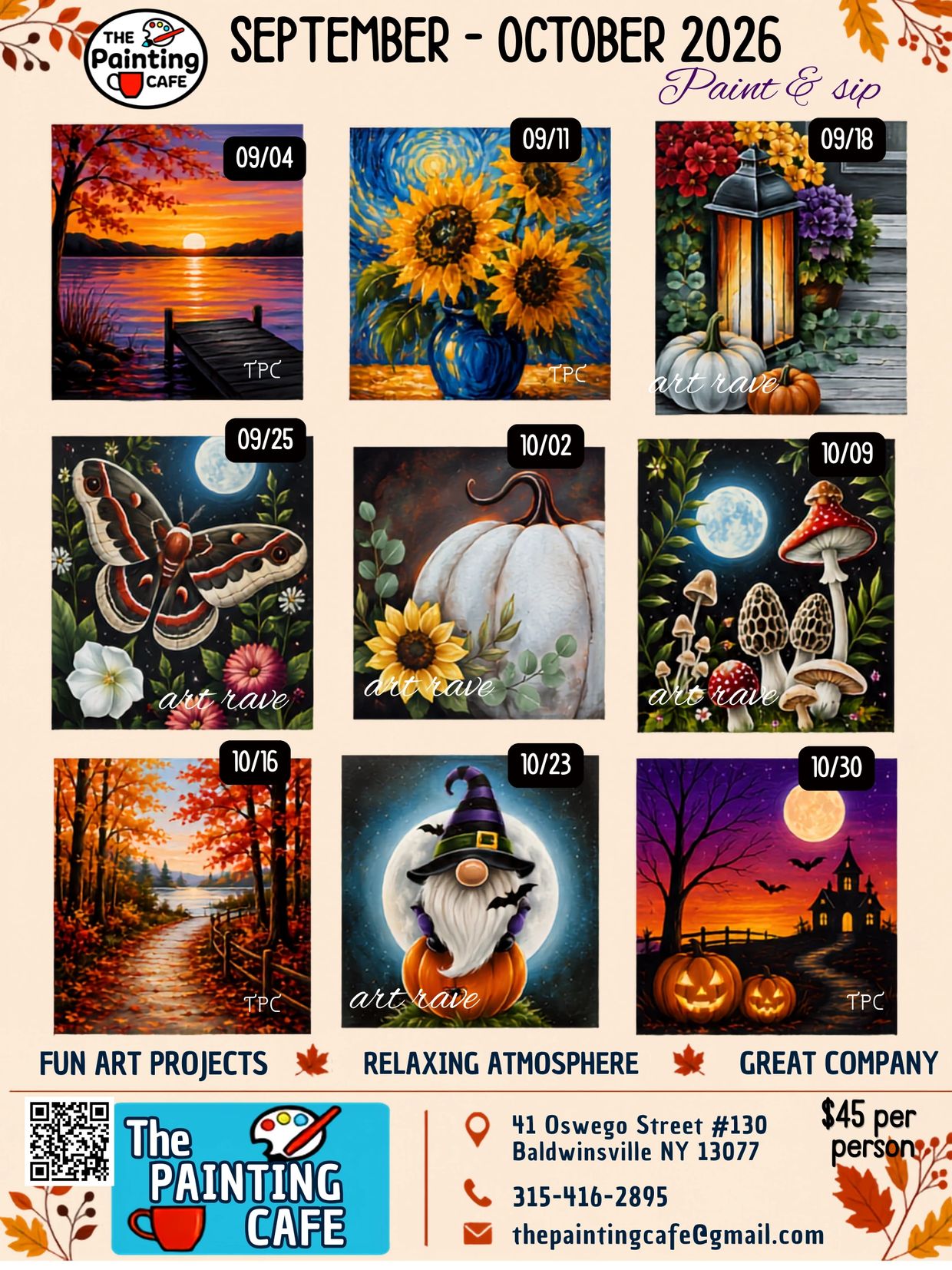 Painting Cafe's September-October 2026 paint and sip schedule with seasonal artworks.