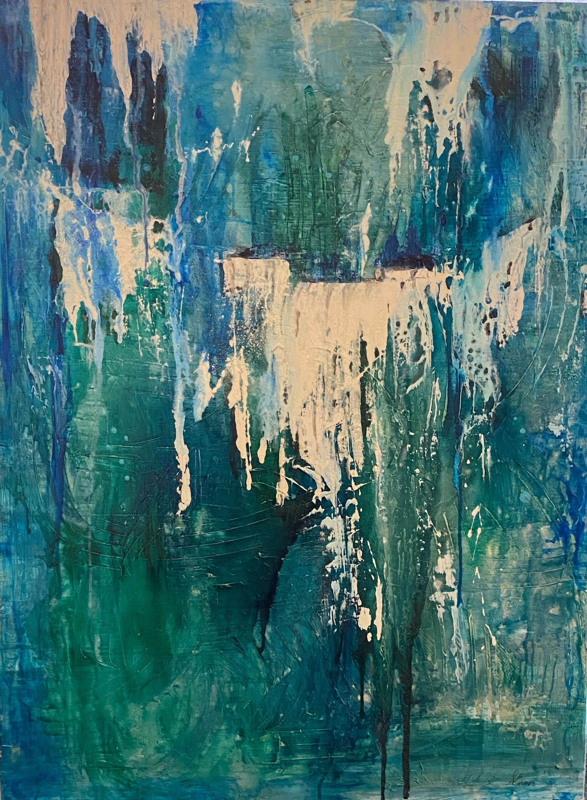Abstract painting with blue, green, and white textures.