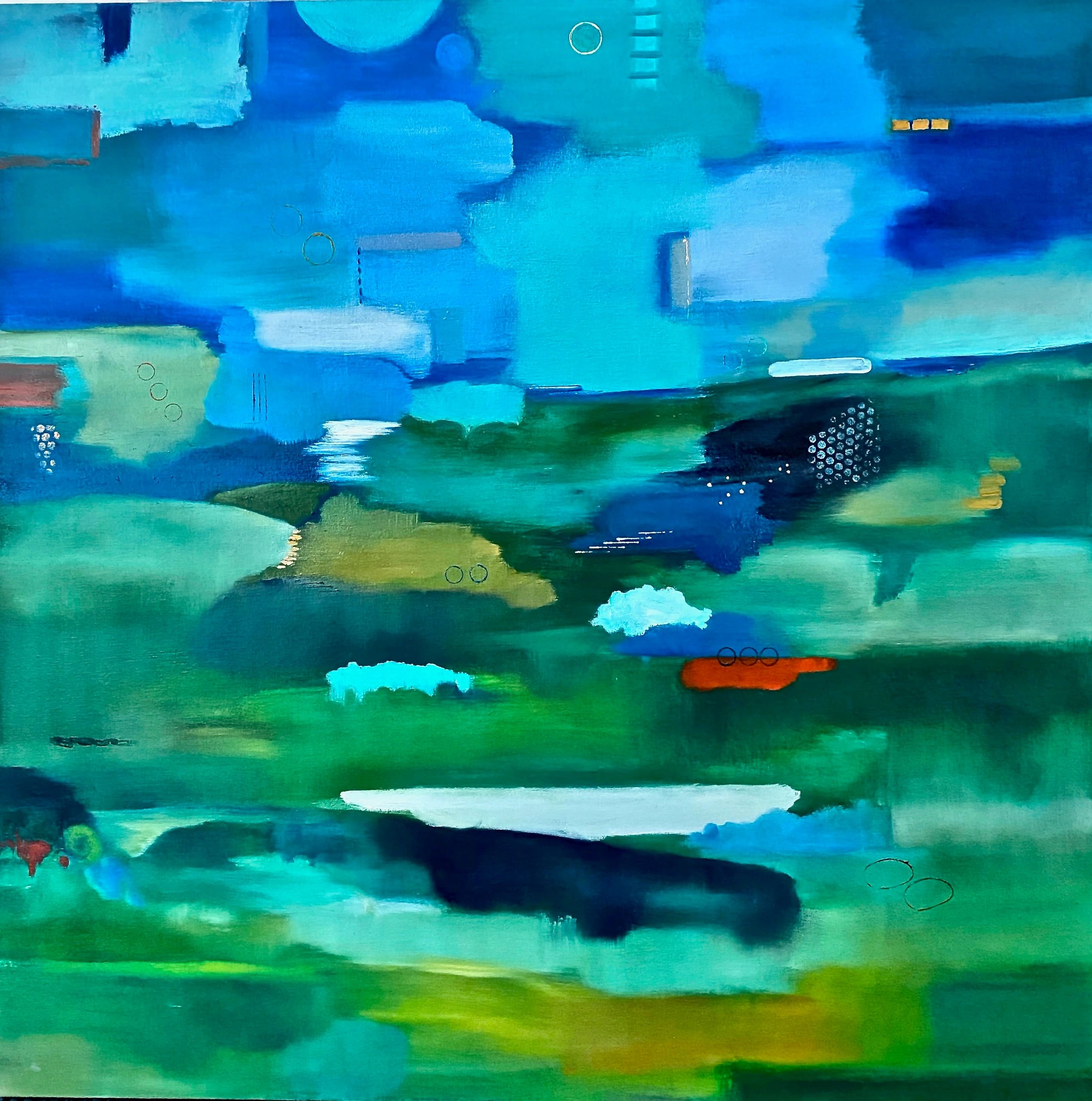 Abstract painting with blue and green shades