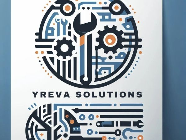 Logo of Yreva Solutions featuring mechanical tools and gears in a tech-inspired design.
