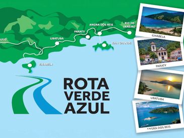Map illustrating the Rota Verde Azul route along Brazil's coast with key cities and scenic photos.