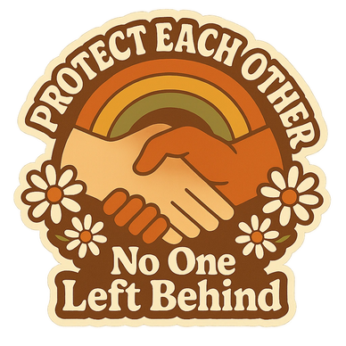Illustration of two hands shaking with the text "Protect Each Other, No One Left Behind."