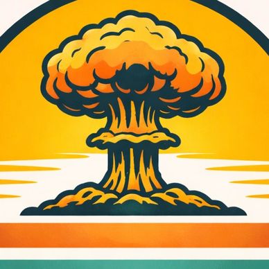 Illustration of a nuclear explosion inside a circular frame with warm and cool tones.