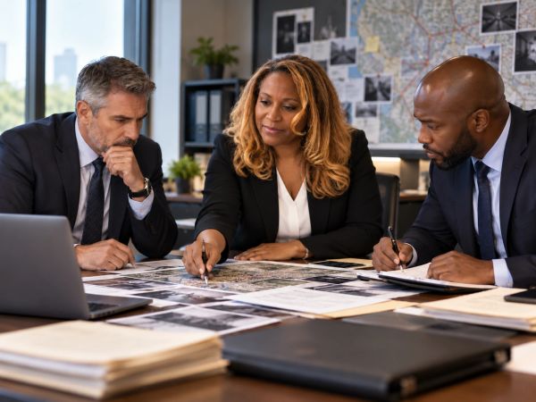 Three professionals analyzing documents in an office.