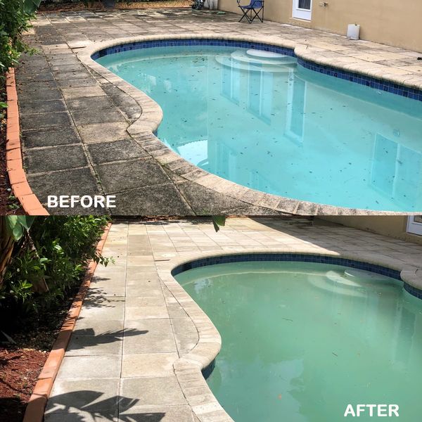 Pressure Washing in a pool deck.