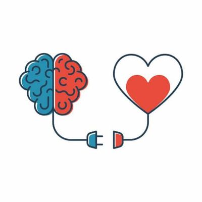 A cartoon picture with a heart and a brain connected with an electrical cord.