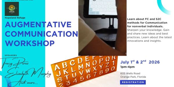 Flyer for Augmentative Communication Workshop in Orange Park, Florida, July 1-2, 2026.