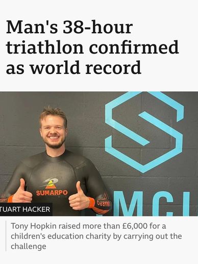 Man sets world record with 38-hour triathlon.