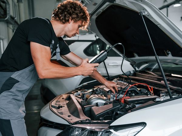 Tests car's electronics. Adult man in gray colored uniform works in the automobile salon.
