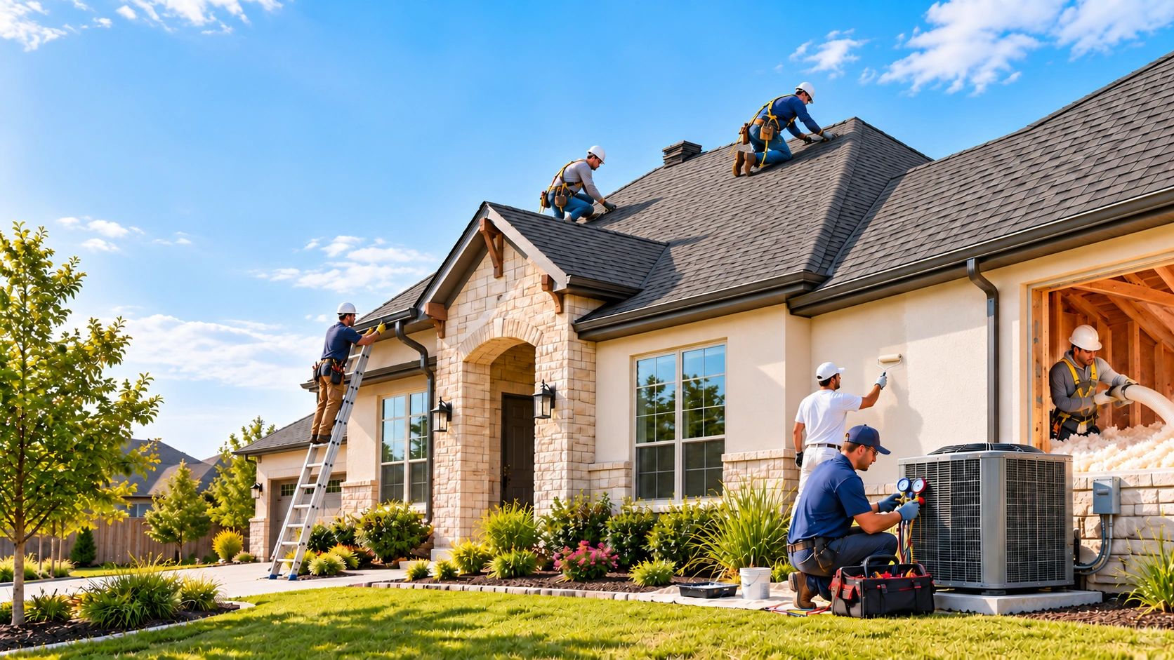 complete exterior work including HVAC roof installation, gutter installation, insulation, painting. 