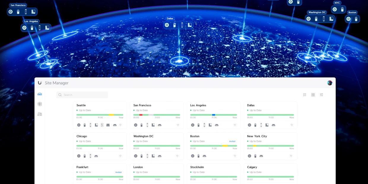 Digital map with city status dashboard showing connectivity and updates across multiple US and international cities.