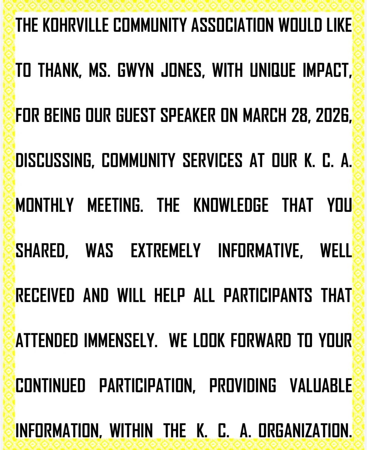 Thank you note from Kohrville Community Association to Ms. Gwyn Jones for speaking at their meeting.
