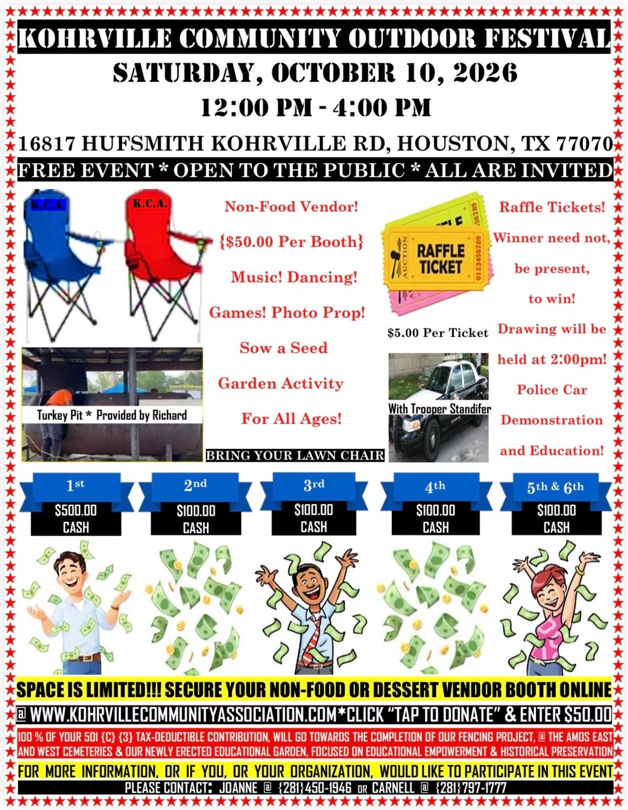 Kohrville Community Outdoor Festival on Oct 10, 2026, with music, games, raffle, and prizes.