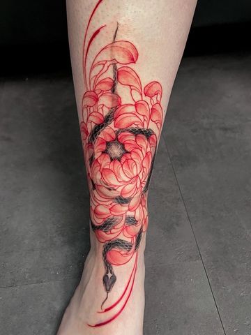 Snake fine line tattoo leg black red ink hand drawn design peonies petitei Asian style tattooed girl