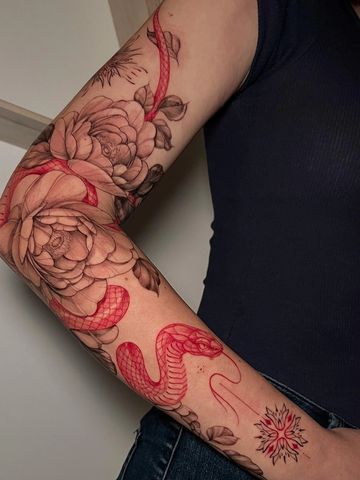 Snake fine line tattoo hips black red ink hand drawn design peonies sleeve Asian style tattooed girl