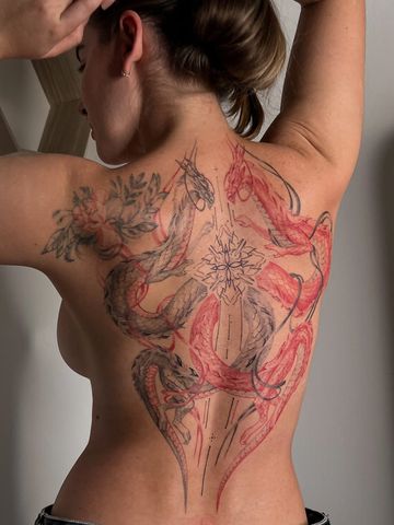 Dragon fine line tattoo back  black an red ink hand drawn design peonies  Asian style tattooed girl