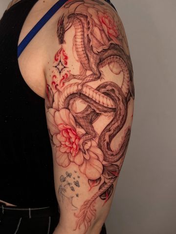 Dragon fine line tattoo shoulder  black red ink hand drawn design peonies Asian style tattooed girl