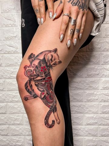 Cat fine line tattoo knee  black an red ink hand drawn design peonies  Asian style tattooed girl