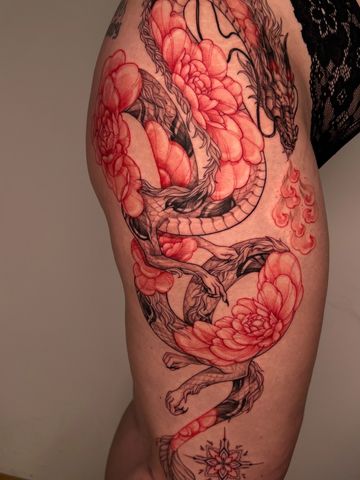 Dragon fine line tattoo hips  black red ink hand drawn design peonies Asian style tattooed girl