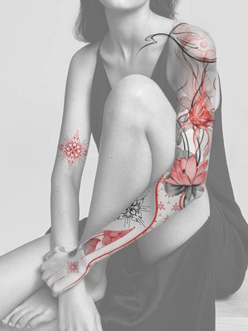 Abstract style tattoo design sacred lotus goldfish red ink tattooed girl fine line  drawn sleeve
