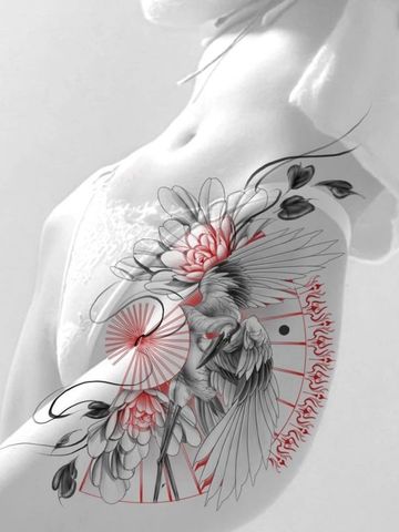 asian style tattoo design crane peonies  fan red ink tattooed girl fine line drawn hips feminine