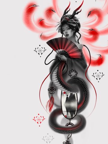 Asian girl tattoo design concept idea girls inked dragon red ink black artist shoulder idea sleeve 