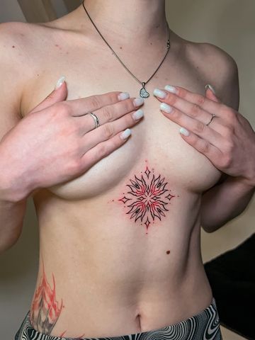 Tattooed girl  fine line black an red ink hand drawn design  star sacred geometry Asian style petite