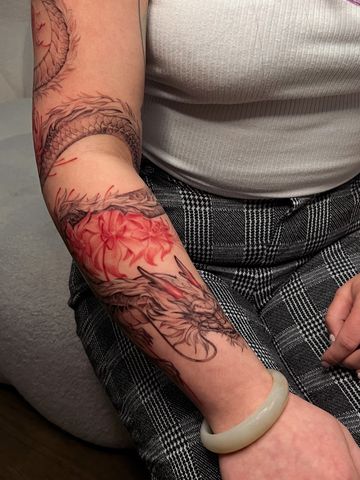 dragon tattoo ink red lilies flower art floral delicate tattoo Asian sleeve project design unique