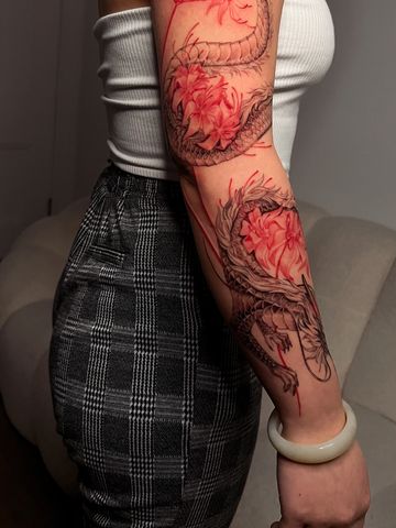 Dragon tattoo sleeve spider lily red ink tattoo floral design femme fineline black graphic art