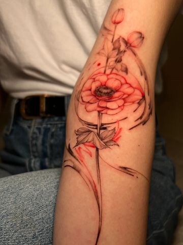 Floral fine line tattoo arm  black an red ink hand drawn design peonies  Asian style delicate petite