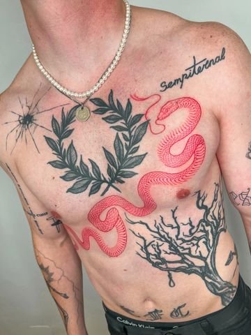 Snake fine line tattoo chest  black an red ink hand drawn design   Asian style tattooed man 