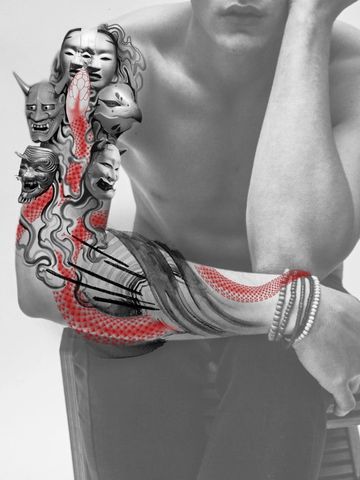 Asian style tattoo sleeve mask brushstroke red ink tattooed man fine line hand drawn oni  abstract 