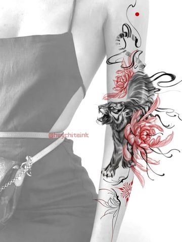 Asian style tattoo sleeve tiger peonies red ink tattooed girl fine line hand drawn abstract delicate