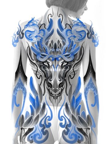 Abstract style tattoo design sacred peonies red ink tattooed girl fine line hand drawn bodysuit back